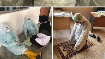 Beredar juga foto-foto perjuangan para dokter dengan baju hazmat untuk mencegah penularan. Tidur, istirahat dan salat pun dengan baju itu. (Twitter)