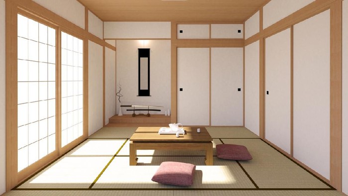 Sitting room with shoji screen inside Japanese inn in Owakudani, Japan.