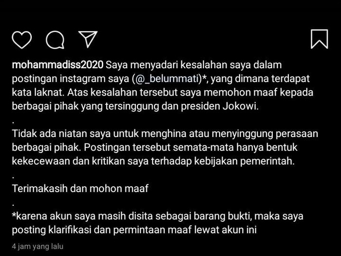 Permintaan maaf mahasiswa Solo yang dutangkap Polda Jateng dengan tuduhan hina Jokowi, Sabtu (21/3/2020).