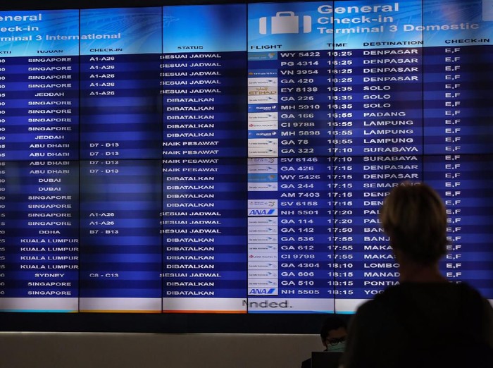 Calon penumpang menunggu jadwal penerbangan di Terminal 3 Bandara Soekarno Hatta, Tangerang, Banten, Sabtu (21/3/2020). PT Angkasa Pura II mencatat penurunan penumpang sebanyak 4-5 persen pada Februari dibandingkan periode yang sama tahun sebelumnya yang disebabkan oleh menurunnya pergerakan pesawat di bandara-bandara yang dikelola perusahaan sebesar enam persen akibat wabah COVID-19. ANTARA FOTO/Fauzan/aww.