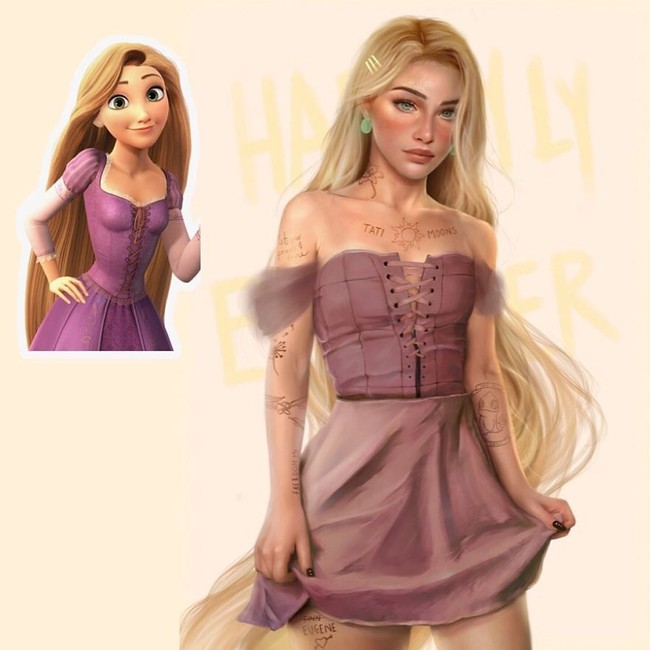 Rapunzel dewasa juga tak kalah seksi dengan mini-dress bergaya off-shoulder. Rambut pirang panjangnya yang tergerai bebas semakin mempertegas kecantikan alaminya. (Foto: Instagram/@tatimoons)