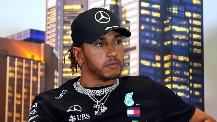 MELBOURNE, AUSTRALIA - MARCH 12: Lewis Hamilton of Great Britain and Mercedes GP looks on during a press conference during previews ahead of the F1 Grand Prix of Australia at Melbourne Grand Prix Circuit on March 12, 2020 in Melbourne, Australia. (Photo by Clive Mason/Getty Images)