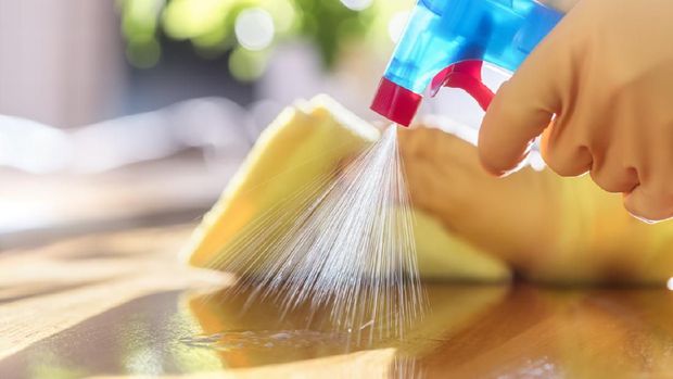 Cleaning with spray detergent, rubber gloves and dish cloth on work surface concept for hygiene