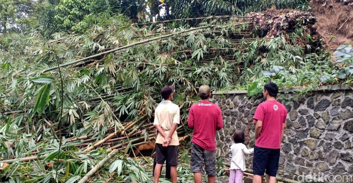 Tebing kebun bambu di kawasan Sukabumi longsor dan menimpa rumah di bawahnya. Suami-istri penghuni rumah itu pun berhasil meloloskan diri dibantu warga setempat