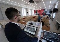 MOSCOW, RUSSIA - MARCH 20, 2020: Recording an online lecture for students of the Russian University of Transport. The universitys rector Alexander Klimov ordered to shift the secondary vocational education programs to online learning amid the COVID-19 coronavirus pandemic, starting from March 23, 2020. Sergei Savostyanov/TASS (Photo by Sergei SavostyanovTASS via Getty Images)