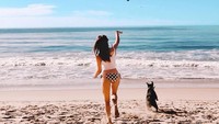 Ini saat Megan dan anjing kesayangannya main di pantai California. Posisi Megan sekarang masih di Tahiti, sambil menunggu wabah Corona reda. (Instagram/@meganmcgarrah)