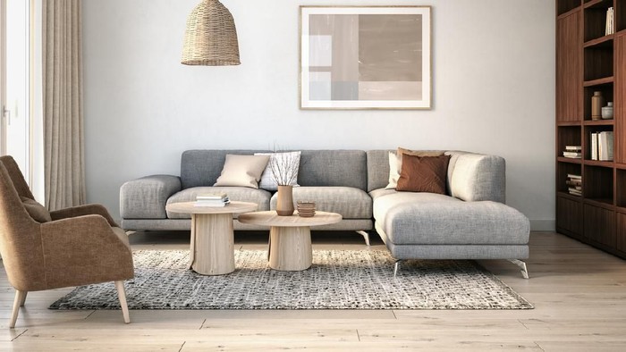 Scandinavian interior design living room 3d render with gray and beige colored furniture and wooden elements