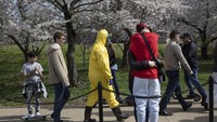 Sementara itu orang-orang juga tampak menjaga diri mereka dari terpaan virus, seperti salah seorang remaja berusia 17 tahun yang menggunakan pakaian hazmat berwarna kuning, lengkap dengan masker gas, sepatu boots dan sarung tangan.  (Foto: Jackquelyn Martin/AP)