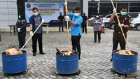 Pemusnahan barang bukti ganja dilakukan di kantor Badan Narkotika Nasional Provinsi (BNNP) Banten, Kamis (26/3/2020).