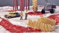 Pasta dan saus tomat kalengan juga dibuat menjadi karya seni yang artistik. Lengkap dengan miniatur boneka yang menggambarkan suasana di wilayah pembangunan. Foto: Facebook William Kass