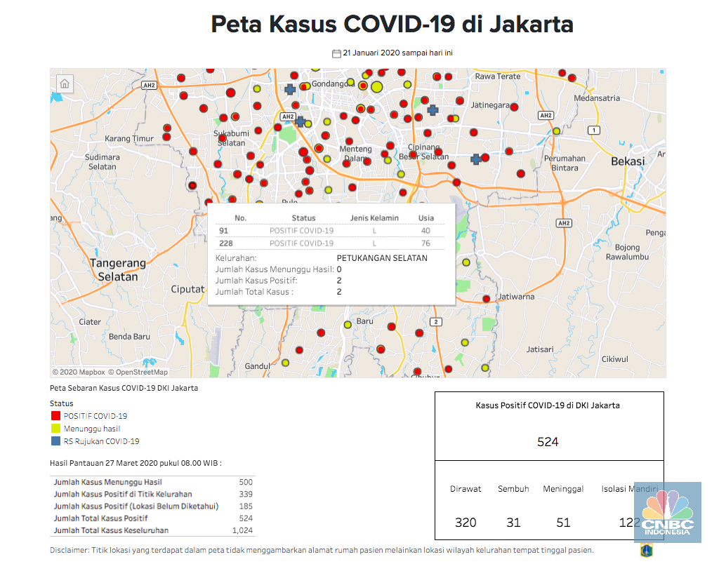 Peta Corona Jakarta 27 Maret: 524 Orang Positif, 51 Meninggal