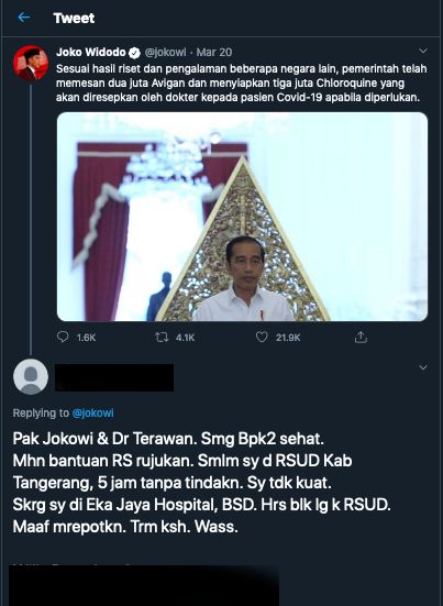 Willy Dreeskandar mengirim pesan melalui Twitter ke akun Presiden Jokowi