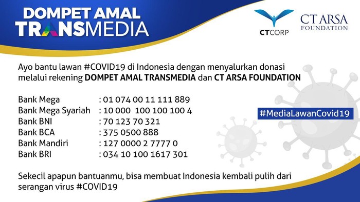 Donasi Transmedia Donasi Transmedia dan CT Arsa Foundation untuk penanganan virus Corona COVID-19