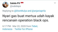 Cuitan Dion pun mendapat banyak respon yang tak kalah kocak. Nyari gas buat mertua udah kayak rencanain operation black ops. Mungkin ada yang merasakan perasaan yang sama? Foto: twitter