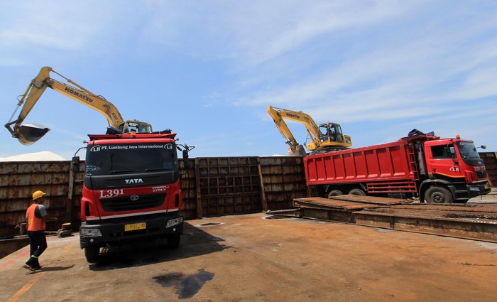 Sejumlah pekerja PT Lumbung Jaya International (LJI), dengan truk  mengangkut garam di Pelabuhan Pelindo, Cirebon, Jawa Barat, Jumat (27/3/2020). Saat ini, Pemerintah tengah mengkaji  garam untuk menjadi komoditas strategis dan prioritas no.1 di Indonesia, yang dibutuhkan 400 jenis industri, dan menargetkan produksi sebesar 3 juta ton pada tahun 2020, serta menjadikan Indonesia swasembada garam. ANTARA FOTO/Dedhez Anggara/ama.