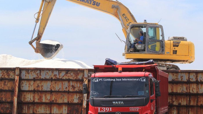 Sejumlah pekerja PT Lumbung Jaya International (LJI), dengan truk mengangkut garam di Pelabuhan Pelindo, Cirebon, Jawa Barat, Jumat (27/3/2020). Saat ini, Pemerintah tengah mengkaji garam untuk menjadi komoditas strategis dan prioritas no.1 di Indonesia, yang dibutuhkan 400 jenis industri, dan menargetkan produksi sebesar 3 juta ton pada tahun 2020, serta menjadikan Indonesia swasembada garam. ANTARA FOTO/Dedhez Anggara/ama.