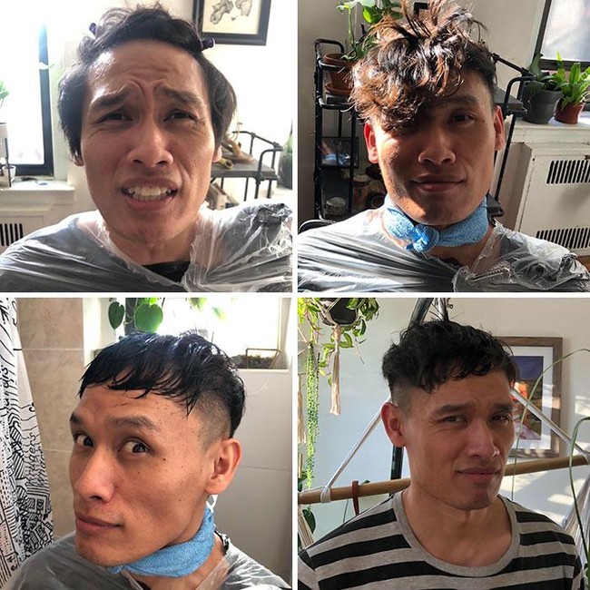 Nasib pria yang tak bisa potong rambut di salon karena karantina ini sial tapi lucu. Dia membiarkan kekasihnya memotong rambutnya, namun yang terjadi adalah bencana karena potongan rambutnya jadi seperti yang tampak di foto ini. (Foto: Dok. Bored Panda)