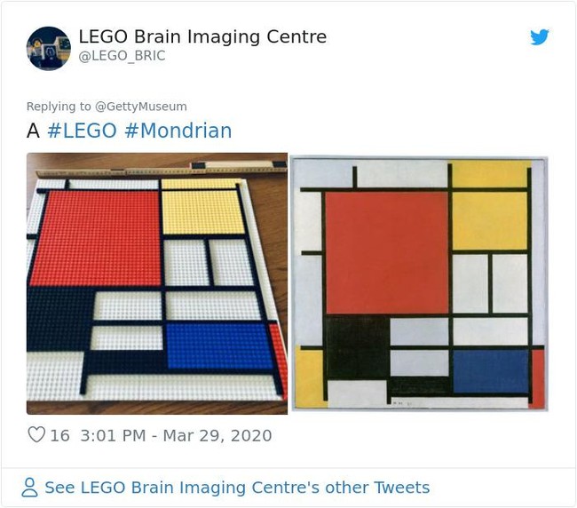 Bila Piet Mondrian melukis Komposisi II dengan cat minyak, netizen masa kini membuatnya pakai Lego. (Foto: Twitter)