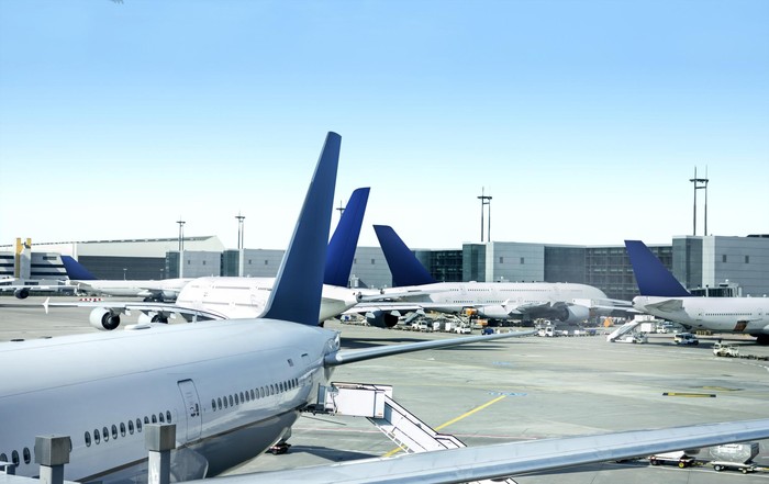 Airplanes side by side in airport