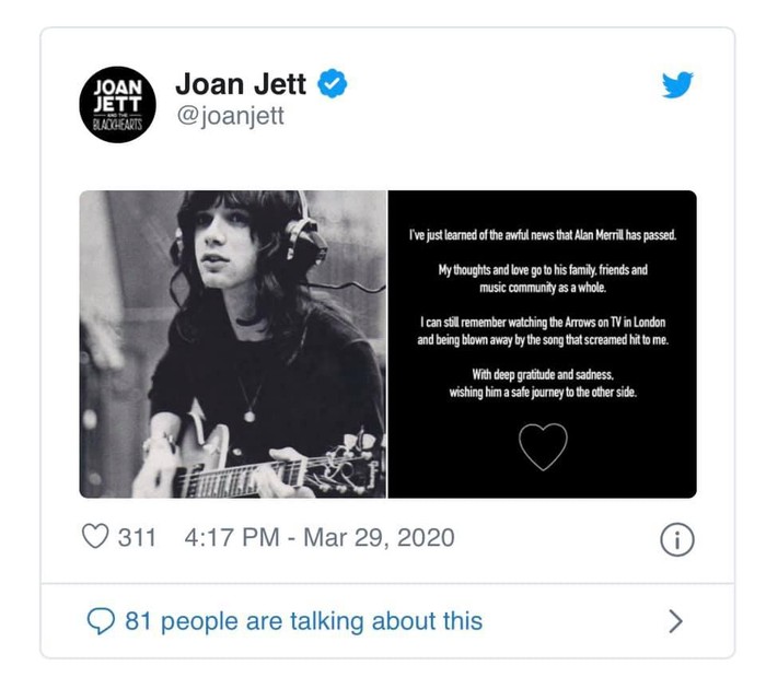 Alan Merrill meninggal dunia (Screenshot Twitter)