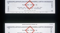 Salah satu contoh tiket kereta yang dipergunakan tahun 1948-1964 untuk menuju kota, Llanfairpwllgwyngyllgogeryc- hwyrndrobwllllantysiliogogogoch.