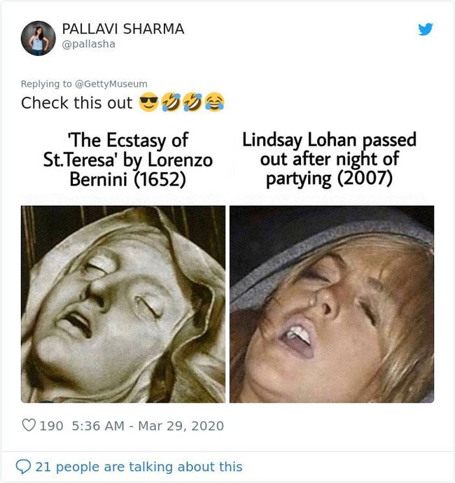 Waduh, ekspresi Lindsay Lohan yang lagi mabuk disamakan dengan patung religius The Ecstasy of Saint Teresa yang ada di Cornaro Chapel, Santa Maria della Vittoria, Roma. (Foto: Twitter)