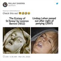 Waduh, ekspresi Lindsay Lohan yang lagi mabuk disamakan dengan patung religius The Ecstasy of Saint Teresa yang ada di Cornaro Chapel, Santa Maria della Vittoria, Roma. (Foto: Twitter)