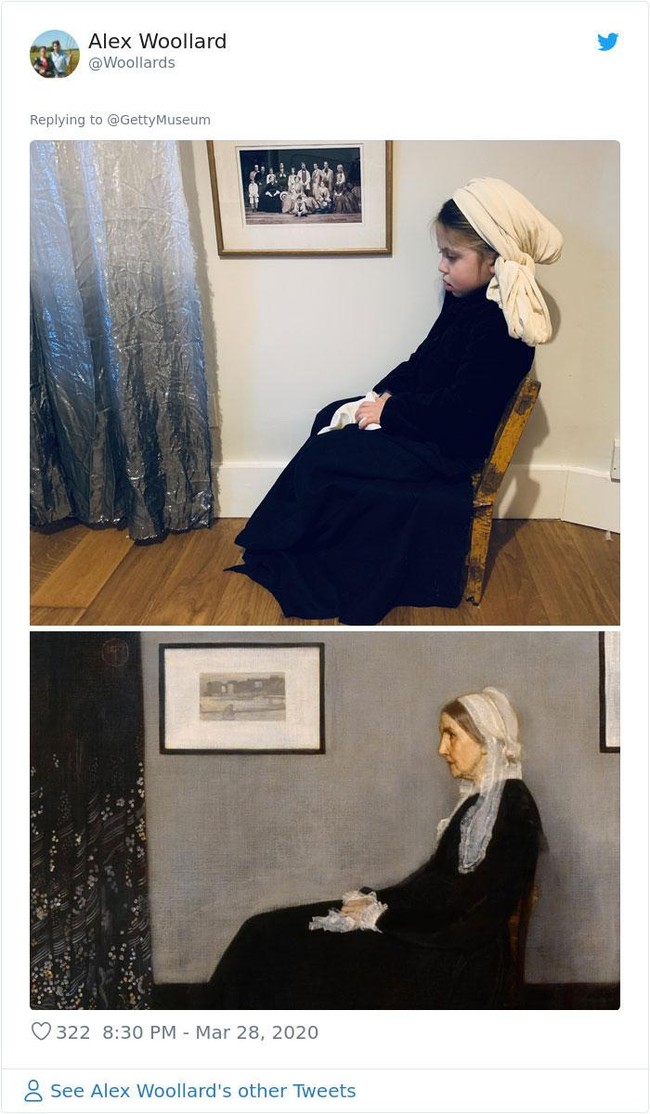 Kamu yang pernah nonton Mr. Bean the movie pasti nggak asing dengan lukisan ini. Seorang anak kecil mencoba meniru gaya perempuan yang ada di lukisan Arrangement in Grey and Black No. 1 karya James McNeill Whistler. (Foto: Twitter)