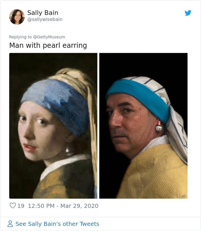 Girl with a Pearl Earring, begitu Johannes Vermeer memberi judul lukisan yang dibuatnya pada 1665 ini. Empat abad setelahnya, seorang pria mencoba meniru gaya si gadis beranting mutiara tersebut. (Foto: Twitter)