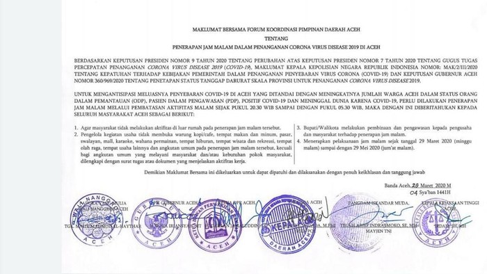 Maklumat Bersama Pemerintah Aceh soal Jam Malam Terkait Corona