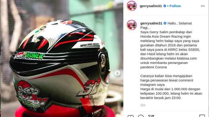 Pebalap Surabaya Lelang Helm untuk Bantu Penanganan Corona