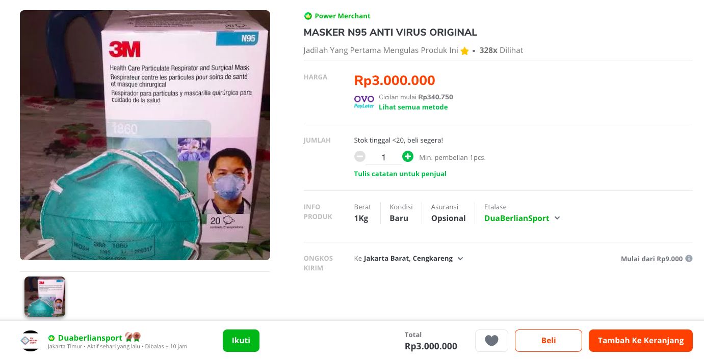 Kacau, Masker N95 Dijual Rp 3 Juta di e-Commerce