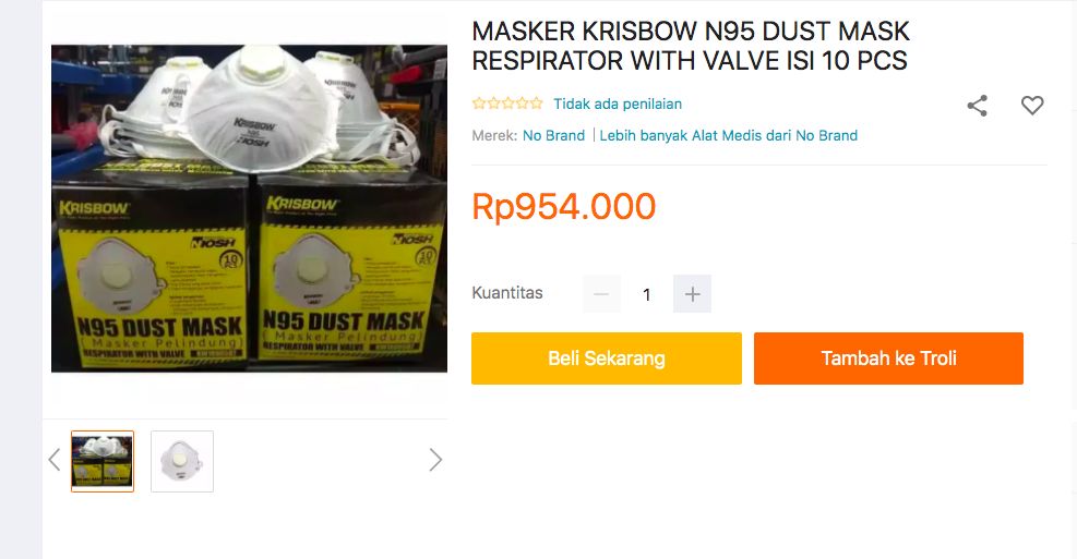 Kacau, Masker N95 Dijual Rp 3 Juta di e-Commerce