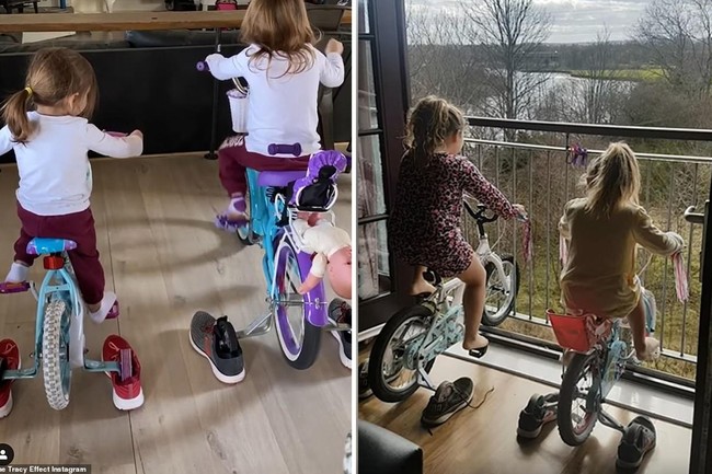 Agar sang anak tidak merasa bosan bisa tetap bermain sepeda tanpa harus keluar rumah, orangtua yang satu ini memiliki cara unik dengan mengganjal kedua roda sisi kiri dan kanan menggunakan sepatu. Dengan demikian sang anak tetap dapat mengayuh sepedanya tanpa membuatnya berjalan. Foto: Instagram