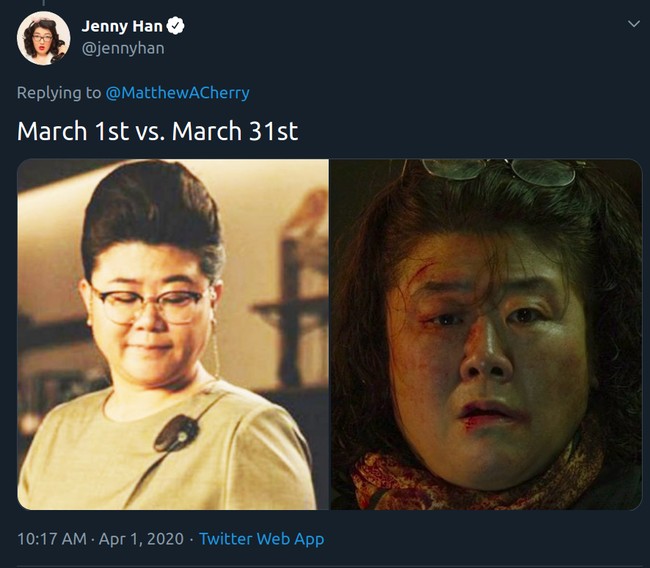 Untuk menghibur diri dan sesama warga Twitter, beberapa netizen mengambil inspirasi film untuk meme bulan Maret 2020. Kali ini diambil dari Parasite. Foto: Twitter