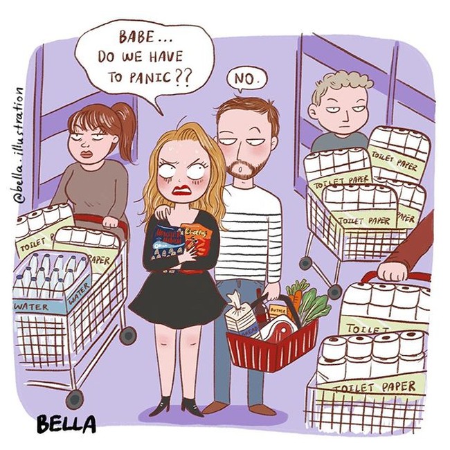Virus Corona telah menimbulkan kepanikan di seluruh dunia. Saking paniknya, orang-orang sampai berlomba-lomba memborong bahan makanan dan barang-barang lainnya di supermarket, seperti hand sanitizer dan tisu. Foto: Instagram @bella.illustration