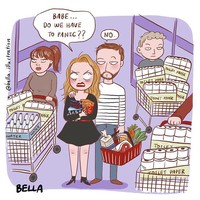 Virus Corona telah menimbulkan kepanikan di seluruh dunia. Saking paniknya, orang-orang sampai berlomba-lomba memborong bahan makanan dan barang-barang lainnya di supermarket, seperti hand sanitizer dan tisu. Foto: Instagram @bella.illustration