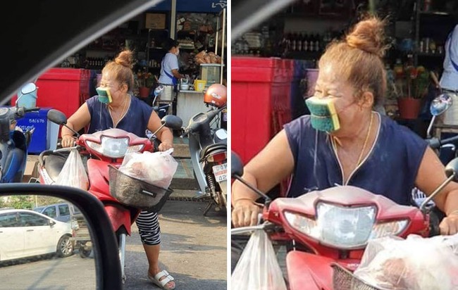 Tidak ada masker, sponge pencuci piring pun jadi. (Foto: Dok. Boredpanda)