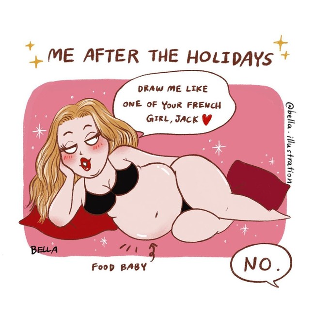 Jangan kaget kalau setelah proses isolasi diri di rumah beratmu akan semakin bertambah. Apalagi kalau kamu tidak berolahraga. Hanya makan, tidur, dan nonton. Siap-siap beli celana baru nih karena celana yang lama nggak muat.. Foto: Instagram @bella.illustration