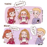 Dulu saat kita bersin atau batuk mungkin orang-orang di sekitar kita tetap akan santai dan tidak takut atau khawatir akan tertular. Sekarang batuk atau bersin sedikit saja langsung akan dijauhi dan dianggap penyebar virus Corona. Foto: Instagram @bella.illustration