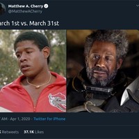 Sebuah thread mengumpulkan sejumlah meme kocak bertema bulan Maret 2020 atau sebulan karantina karena virus Corona. Meme yang dimulai oleh sineas Matthew A. Cherry tersebut seolah memperlihatkan perbedaan orang di tanggal 1 dan 31 Maret karena social distancing untuk mencegah Covid-19. Foto: Twitter