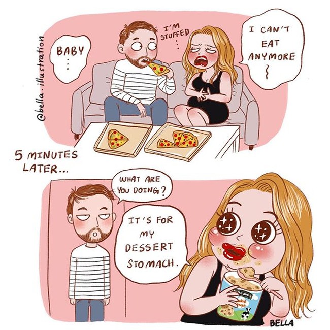 Siapa yang selama isolasi diri justru lebih banyak makan daripada kerja? Selama ada makanan di depan mata, walaupun kenyang tapi pasti beberapa menit kemudian akan dimakan lagi dan dihabiskan. Siapa nih yang begini? Foto: Instagram @bella.illustration