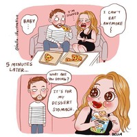 Siapa yang selama isolasi diri justru lebih banyak makan daripada kerja? Selama ada makanan di depan mata, walaupun kenyang tapi pasti beberapa menit kemudian akan dimakan lagi dan dihabiskan. Siapa nih yang begini? Foto: Instagram @bella.illustration