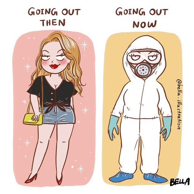 Dulu sebelum virus Corona menyerang, kamu masih bisa berdandan maksimal dan menggunakan pakaian super stylish. Kalau sekarang rasanya mau berdandan sebanyak apapun tetap tidak akan terlihat karena kamu harus keluar dengan baju serba tertutup dan masker. Foto: Instagram @bella.illustration