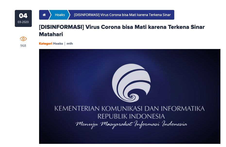Kominfo soal disinformasi bahwa Corona mati lawan sinar matahari. (Dok Kemenkominfo)