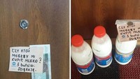 Tulis pesan minta dibelikan susu, ada orang baik yang benar-benar membelikannya susu dan menaruh susunya di depan pintu apartemennya. Foto: Istimewa