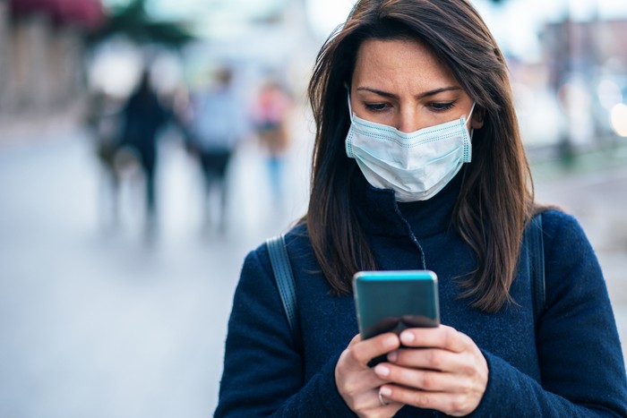 Portrait of young woman on the street wearing  face protective mask to prevent Coronavirus and anti-smog and using smartphone