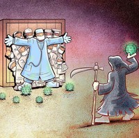 Tenaga medis menjadi garda depan dalam peperangan melawan virus corona yang sejak akhir Desember 2019 hingga kini, telah menginfeksi hampir 1 juta orang di seluruh dunia. Foto: Instagram/@alirezapakdel_artist