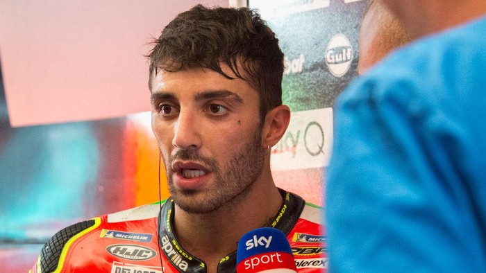 SPIELBERG, AUSTRIA - AUGUST 09: Andrea Iannone of Italy and Aprilia Racing Team Gresini speaks with journalists during the MotoGp of Austria - Free Practice at Red Bull Ring on August 09, 2019 in Spielberg, Austria. (Photo by Mirco Lazzari gp/Getty Images)