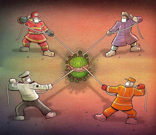 Tak hanya tenaga medis, tapi juga polisi, pemadam kebakaran dan petugas laboratorium. Dia menggambarkan kekuatan solidaritas, empati dan saling melindungi dalam ilustrasinya. Foto: Instagram/@alirezapakdel_artist